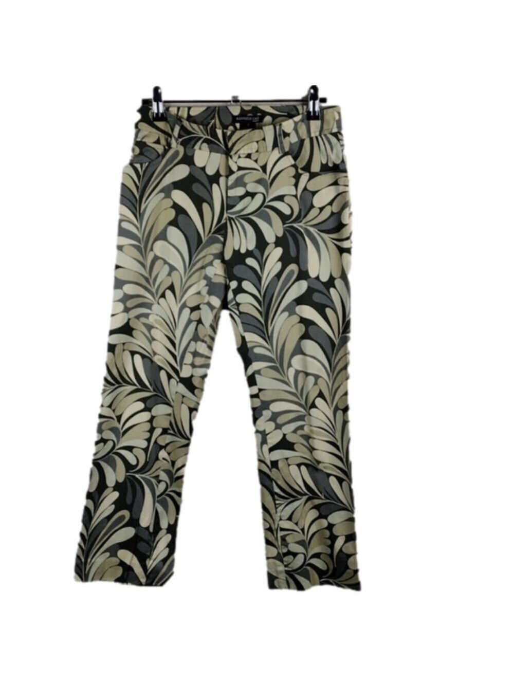 Kenneth Cole Olive Green Leaf Motif Pattern Mid Rise Straight Leg Ankle Pants